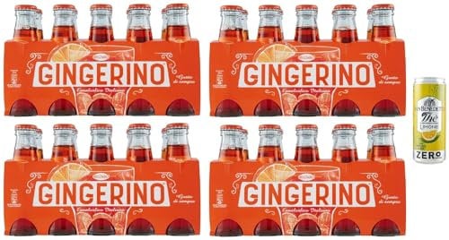 Gingerino Recoaro Lot de 40 bouteilles jetables en verre pour apéritif italien Ginger 10 cl + 1 boîte de thé glacé San Benedetto au citron sans sucre 330 ml