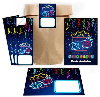 Minkocards 12 Einladungskarten zum Kindergeburtstag Kino Mädchen Jungen Einladung Jungsgeburtstag Mädchengeburtstag incl. 12 Umschläge, 12 Partytüten/natur, 12 Aufkleber
