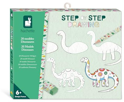 Janod - Step by Step Drawing - Zeichnen lernen - 20 Dino-Modelle - Zeichenset für Kinder - Zeichen- und Konzentrationsförderung – Ab 6 Jahren – J09154, weiß schwarz