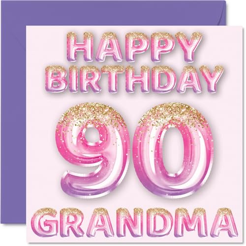 90th Birthday Card for Grandma, Pink & Purple Glitter Balloons | Happy Birthday Cards for 90 Year Old Grandma from Grandson Granddaughter, 145mm Bday Greeting Cards Gift