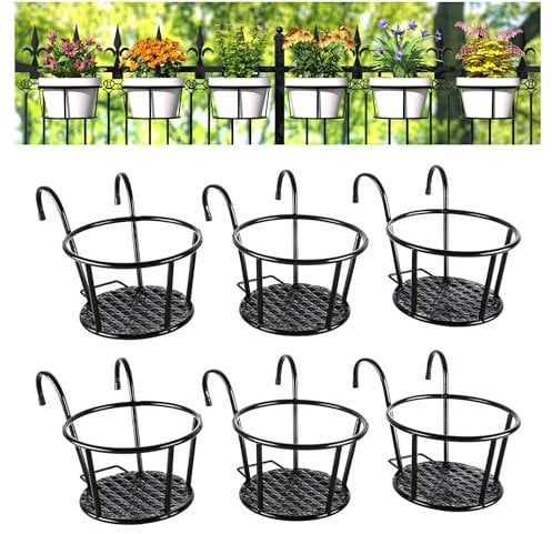 ABRFC Iron Art Hanging Baskets Flower Pot Holder Over The Rail Metal Fence Planter Pot Metal Bucket Flower Holder with Hook Indoor Outdoor Decor for Railing Fence Balcony Garden (HangingPS-6-Black)