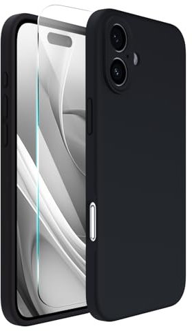 ACRONIX Compatible with iPhone 16 Case 6.1, with 1 x Screen Protector, Liquid Silicone Case Comprehensive Protection Cover Slim Shockproof Gel Rubber Phone Case for iPhone 16 6.1inch-Black