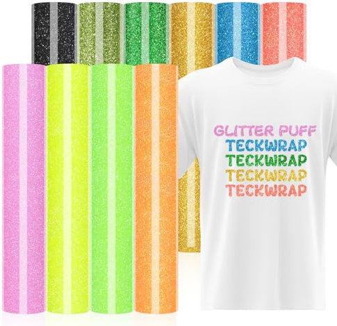 TECKWRAP Glitter Puff HTV 3D Puff Glitter Heat Transfer Vinyl 12 x 10 10 Sheets/Pack for DIY Clothing,T-Shirts,Fabric Glitter Puffy Iron on Vinyl Compatible with Heat Press Craft Cutters
