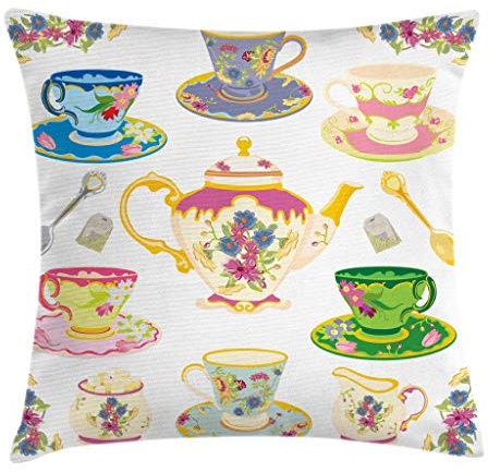 Cushion Cover Selection Of Vivid Colored Teacups Pot Sugar And Flower Arrangements In Corners Square Throw Pillow Cases Standard Pillow Cases For House Courtyard 45×45Cm