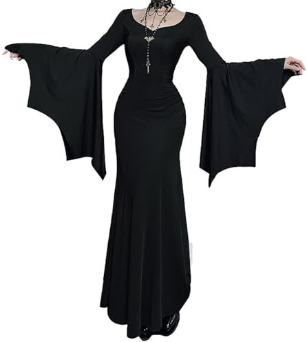 DINGJIUYAN Gothic Maxi Dresses for Women Bat Sleeve Fishtail Slim Fit Goth Dress Halloween Long Dress Black S