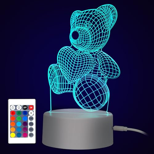 3D Nachtlicht Kinder Illusion Lampe - Smart Emotional Nachtlicht 16 Farben Mehrere Modi Dimmbar Touch Switch mit Fernbedienung und USB Kabel, Kinderzimmer Schlafzimmer Dekoration Geschenk(Bären)