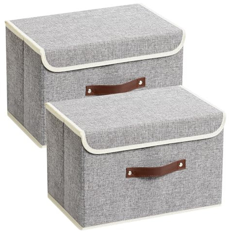 DIMJ Foldable Storage Boxes with Lids, Cotton Organisers with Lid for Home, Car Boot, Office & Outdoors, Portable Storage Baskets with Handles, 23.8L, Cotton, Set of 3 (Grey, 38 x 25 x 25 cm)