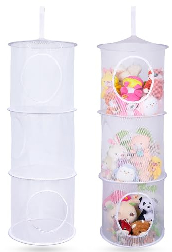 MHJY Toy Storage Suffed Animals Hammock 2 Pcs Hanging Mesh Net Foldable Large Soft Cuddly Plush Toy Organizer Unit Clothes Baskets Shelves for Kids Bedroom, 3 Tiers