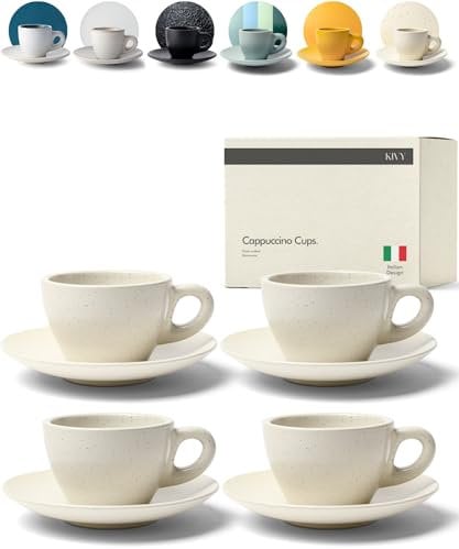 KIVY Cappuccino Tassen Set [4x 240ml] - Barista Cappuccino Tassen - Cappuccino Tassen aus dickwandigem Steingut - Tasse mit Untertasse - Cappuccino-Tassen in Handarbeit gefertigt - Spülmaschinenfest