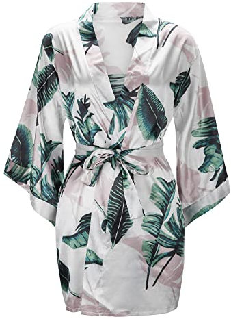 Damen Nachthemd Langarm Damen Seidenroben Satin Kimono Robe Kurzer seidiger Bademantel Brautjungfer Hochzeitsfeier Nachtwäsche Nachthemd Lang Große Größen Damen Nachthemd Sexy (White, M)