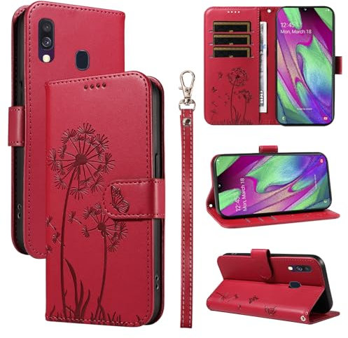 Bravoday Cover per Samsung Galaxy A40, Custodia in PU Pelle Portafoglio Flip Schede con Slot per Carte, Magnetica Antiurto Cover per Galaxy A40, Rosso