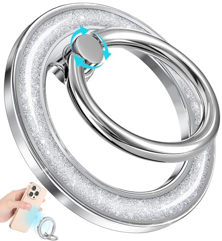 SurgeCraft Phone Ring Holder Compatible with MagSafe - Magnetic Cell Phone Grip for Women Glitter Magnet Removable Finger Ring Grip Stand Cute Silver Sparkly for iPhone 16 15 14 13 Pro Max/Pro/Plus