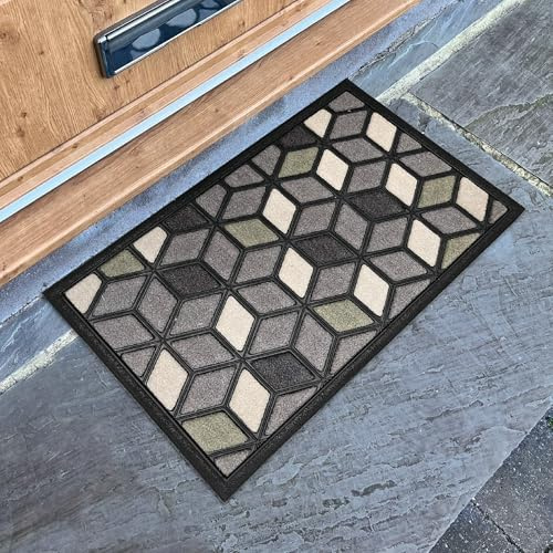 Mighty Mats Scrape ‘N’ Sorb Door Mat - Indoor & Sheltered Outdoor Dirt Trapper Rug with Rubber Back - Super Absorbent Entrance Door Mat - Geo Grey/Sage, 40 x 60cm