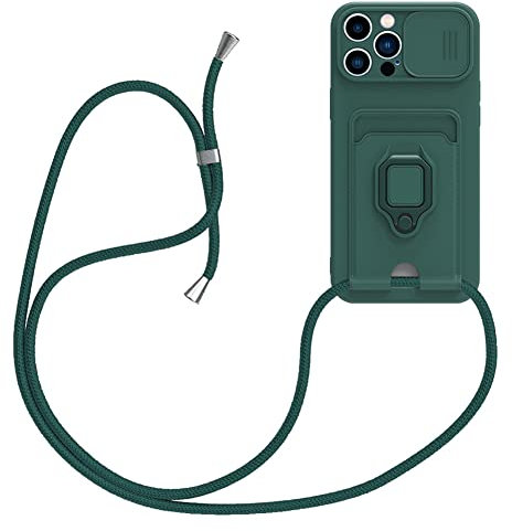 Crossbody Lanyard Case for iPhone 16 with Slide Camera Cover, Silicone Phone Case with Roating Ring Stand Card Holder with Adjustable Strap Cord Lanyard Shockproof Protective Cover
