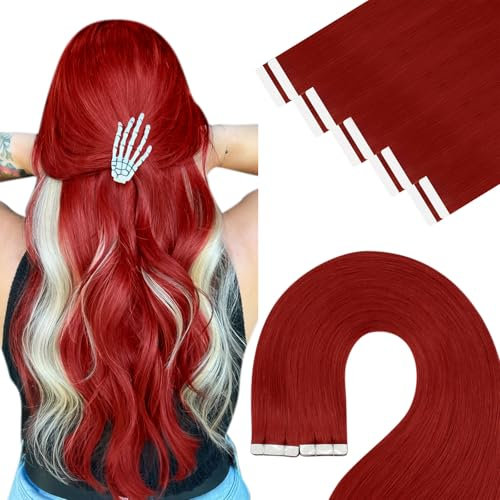YoungSee Red Human Hair Tape in Extensions Red Tape Hair Extensions Real Human Hair for Cosplay Colored Hair 14In 25G 10Pcs Easy to Wear