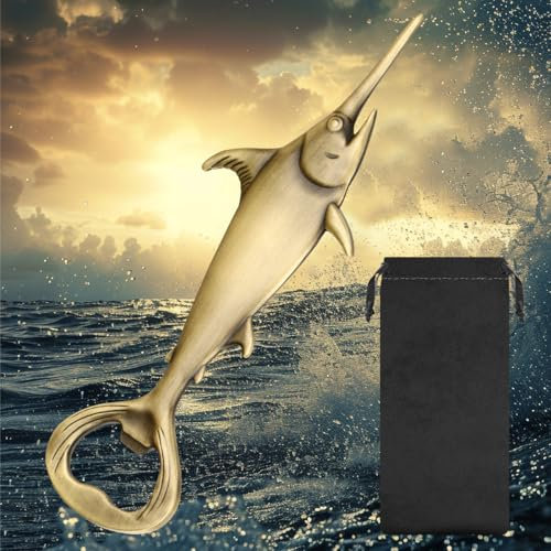 LKKCHER Swordfish Beer Bottle Opener, Fishing Gifts for Fisherman, Swordfish Decoration, Birthday Fathers Day Christmas Gifts for Men Women Dad Fisherman, Bronze Beer Accessories with Bag