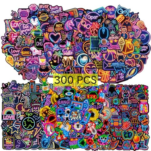 GTOTd Neon Sticker Coole Aufkleber (300 Stück) Cartoon Geschenke Merch für Laptop Wasserflasche Telefon Zubehör Auto Stoßstange Fenster Helm Dekor Teens