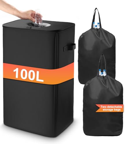 Cexovo 100L Pfandflaschen Sammelbehälter mit Deckel, Groß Pfandflaschen Aufbewahrung Pfandflaschen Behälter mit 2 Tragetasche, Behälter Leergut & Altglas Aufbewahrung für Küche & Haushalt, Schwarz