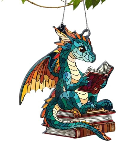 Dragon Book Ornaments, Fantasy Inspired Sun Catcher, 2D Stained Acrylic Light Catching Design, Hanging Wall Decoration, Book Lover’s Fantasy Accent for Creative Decoration