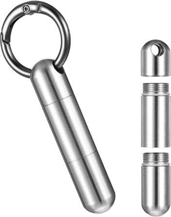 Qianyu Kleiner Pillenhalter mit Schlüsselanhänger tragbar für unterwegs Pillenbehälter Box wasserdicht Tasche Edelstahl Pillen-Organizer Flasche für Geldbörse Outdoor Camping (2 Fächer)