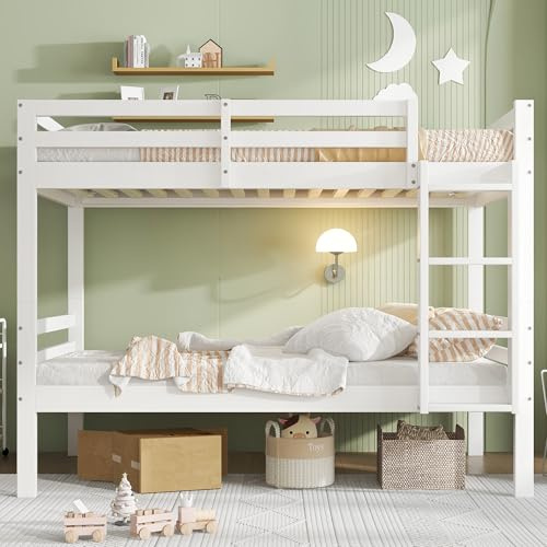 TOBIDOEN 90x200 cm Etagenbett für 2 Kinder, Kinderbett mit Absturzsicherung und Leiter, Leicht teilbar in Zwei Einzelbetten, Jugendbett Stockbett, Kiefernholz, Weiß, Ohne Matratze