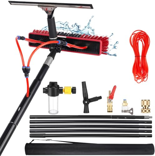 YFSMBD 3-20 Meter Teleskop Waschbürste mit Wasseranschluss | mit Abzieher und Seifenspender | Reinigungsbürste ausziehbar aus Aluminium für PV Anlagen, Fenster, Wohnmobil UVM (55cm Bürste,16m)