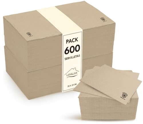 Serviettes Cocktail Biodégradables, Paquet de 600 unités 10 x 10cm pliées, serviettes papier micropoint modernes et rustiques pour vos occasions spéciales 20 x 20 ouvertes – LAN&LAN (Naturel)
