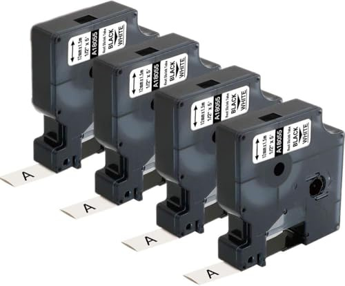Compatible with 18055 Dymo Heat Shrink Tube Labels 12mm 4-Pack | Black on White Tape, Work with DYMO Rhino 4200, 5200, 5000 Label Makers, 1/2 x 4.9'