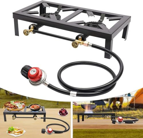Réchaud à gaz à 2 feux - 16000 W - Pour l'extérieur, le camping, le camping, le pique-nique, le jardin - Compact - Grande surface de cuisson (48 x 25 cm)