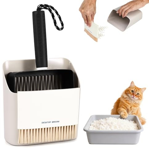 Kinberry Katzenstreuschaufel mit Behälter und Kleinerbesen, Edelstahl Katzenklo Schaufel, Katzenschaufel für Katzenklo, Schnell Siebend, Robust & Langlebig, Hygienische Reinigung