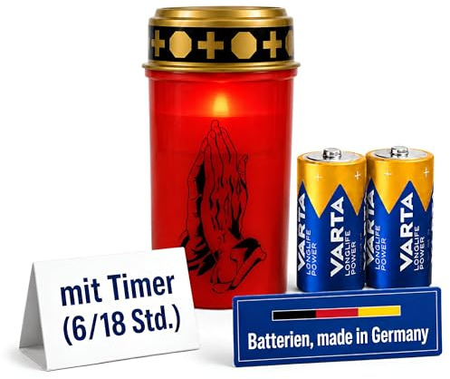 Fachhandel Plus LED Grablicht mit Timer 6/18 Std Motivwahl Grabkerze LED mit Batterie inklusive 2x Varta Longlife C LR14 für Friedhof Gedenkplatz und Außenbereich (Rot, betende Hände)
