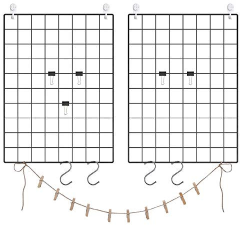 SONGMICS Fotowand aus Drahtgitter, 2er Set, Wanddekor, Wandgitter, DIY, multifunktionale Gitterwand, mit S-Haken, Klammern und Hanfschnur, schwarz LPP01H