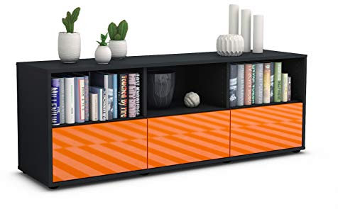 Stil.Zeit TV Schrank Lowboard Amalia, Korpus anthrazit matt, Front Hochglanz Design Mandarine (135x49x35cm), Push to Open Technik & Leichtlaufschienen