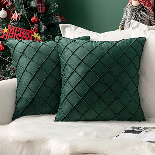 MIULEE 2er Set Samt Kissenbezug Gitter Sofakissen Dekokissen Kissenhülle Kissenbezüge Couchkissen Kissen Samtkissen Weich Einfarbig Zierkissen für Sofa Wohnzimmer 45x45 cm Dunkelgrün