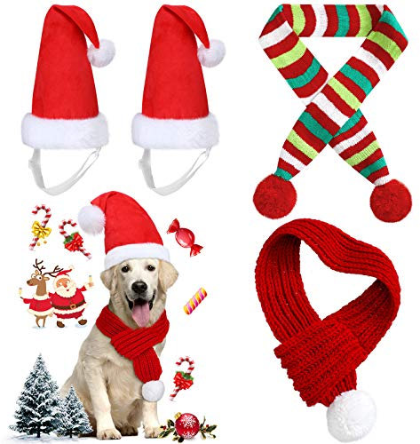 Frienda 4 Stück Weihnachtsmann Mütze mit Hunde Schal Hunde Weihnachten Kostüm 2 Verstellbare Hunde Weihnachtsmützen und 2 Rote Strickschals Winter Haustier Zubehör für Kleine Mittelgroße Große Hunde