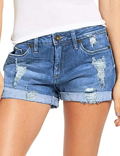 Necooer Damen Casual Ripped Denim Shorts Mittlere Taille Kurze Jeanshose mit Taschen Hellblau S