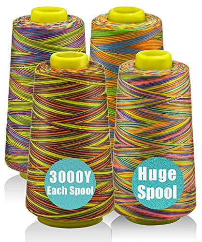 Lot de 4 cônes de fil de surjeteuse de 2744 m par bobine (taille standard) tout usage pour machines à coudre et à broder (4 couleurs arc-en-ciel)