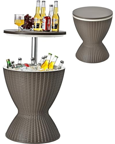 COSTWAY Table Glacière 30L 2 en 1 avec Plateau Relevable (Brun) | Seau à Glace Imitation Rotin pour Cocktails Bière, Table Bar Extérieur pour Piscines et Terrasses, Ø 43 x 57,5/82 cm