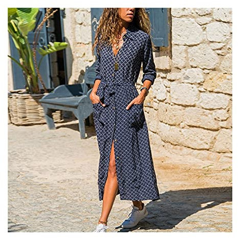 Homeilteds Frauen Casual Plaid Print Dress Langarm Taschen Lady Kleider Schärpen Mittlere Wade Länge Sommergut Drehen Sie Kragens Komfortabel (Color : Navy, Size : S.)