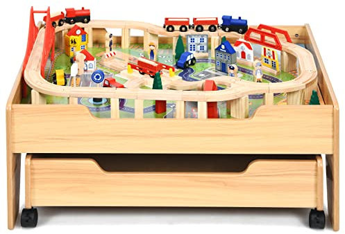 GOPLUS 100 Pcs Ensemble de Chemin de Fer avec Véhicules, Circuit Train Enfants en Bois,Table d'Activité avec Rangement à roulettes, Pistes, Trains, Voitures 63x78x33CM