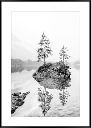 STYLER Gerahmtes Bild Lake 50 x 70 cm I Schwarz-Weiß Fotografie ruhiger See mit Bäumen minimalistisch I Wandbild Wohnzimmer Schlafzimmer Büro I Wanddeko Naturstil Bild mit schwarzem Rahmen