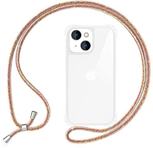 NALIA Handykette für iPhone 14 Plus - Hülle, Regenbogen | Kordel ca. 1,60m für Crossbody, Ösen fest im Rahmen eingegossen, Massive Metallenden, Verstärkte Ecken, HANGIT PRO