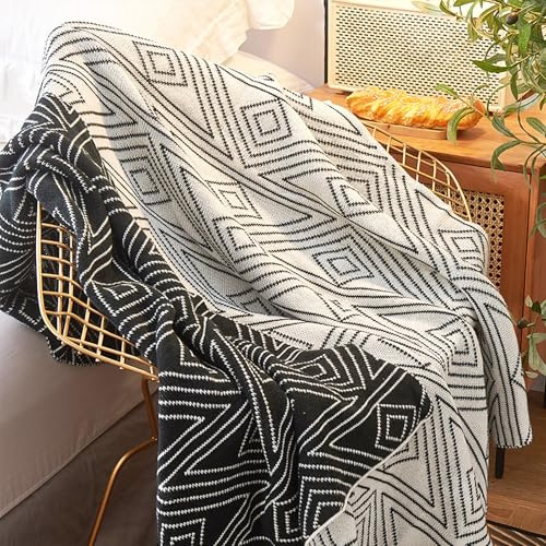 Schwarz-weiße Überwurfdecke, gestrickt, modern, Gemustert, weich, leicht, gewebte Überwurfdecke für Sofa, Couch, Bett und Wohnzimmer, Schwarz und Weiß (127 x 152 cm)