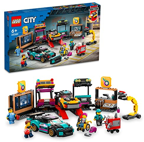 LEGO City - Garaje de coche personalizado, juego de construcción de garaje de juguete con 2 autos personalizables, juguete mecánico de juego de simulación con 4 mini figuras, idea de regalo de