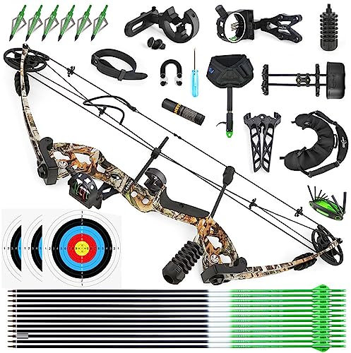 Compoundbogenset 30-55lbs Einstellbare Jagd Compound Bogen und Pfeile Set für Erwachsene und Anfänger Outdoor-Schießen Bogenschießen Set LH/RH (Rechte Hand, Camo)