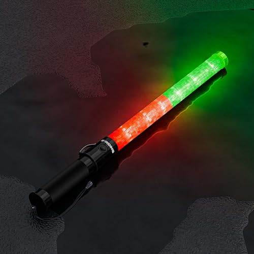 E-riding 21 inch Traffic Wand Safety Light Wands | High Visibility, Durable, Portable | Flagging Baton with 3 Flashing Modes for Parking, Aircraft, Night Traffic Directing (Red&Green)