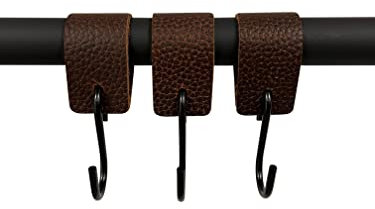 Kleiderhaken mit Lederschlaufe - Braun - 6 Stück - S Haken – 12,5 cm x 3 cm - Garderobe - Jacken - Hosen - Kleiderstange - Leder – Lederband - Garderobenhaken – Fleischerhaken - Multifunktionshaken