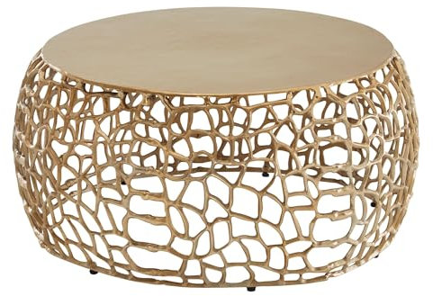 FineBuy Couchtisch Rund 66cm aus Aluminium & Metall Gold, Design Wohnzimmertisch mit organischer AST-Struktur, Moderner Sofatisch, Beistelltisch Wohnzimmer