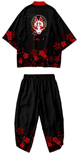 DOSLAVIDA Ensemble de veste kimono japonaise pour hommes, veste élégante ouverte sur le devant avec short, cardigan imprimé de style chinois