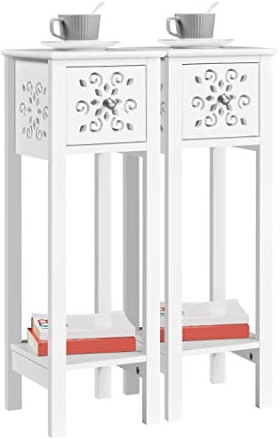 Yaheetech 2pcs Slim Bedside Table, Narrow Sofa Side End Table with Drawer & Shelf, Set of 2 Nightstand Storage Cabinet with Carved Design for Living Room/Bedroom/Small Space, 25×25×73.5cm, White